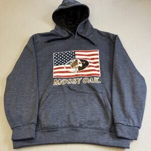 Mossy Oak Hoodie Mens Lg USA Flag Gray Patriotic Sweatshirt Pullover Dark Wash